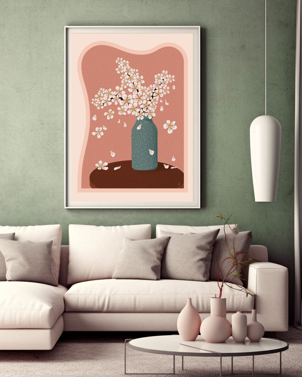 Un Mandorlo Pugliese allo specchio è un poster disegnato da Daria Toriello per il Puglia poster Store che raffigura il riflesso dei fiori di mandorlo in un vaso su un tavolino